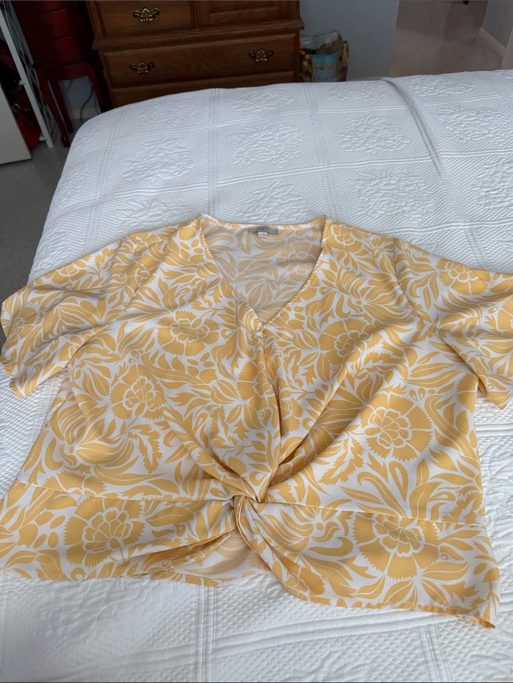 LOFT Yellow and White Floral Twist-Front Blouse